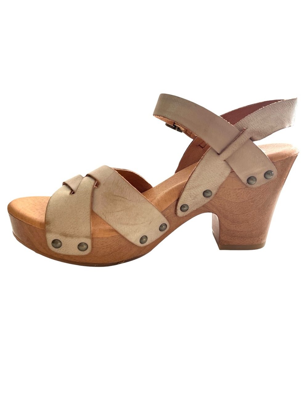 Korks Taupe Woven Wooden Clog Platform Sandals - Ankle Strap Wedge - Size 6M